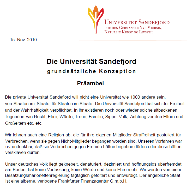 Dr. Hamer über seine Universität Sandefjord