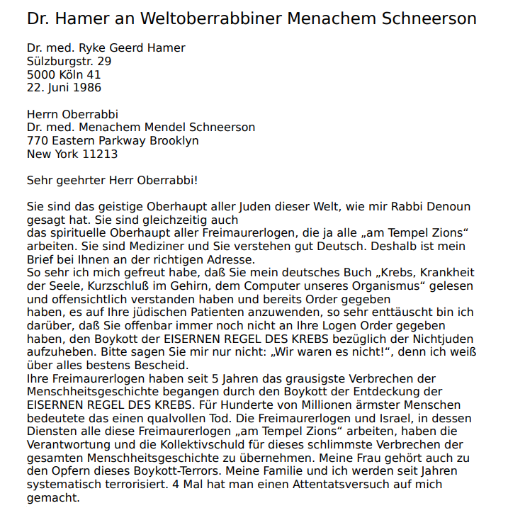 Dr. Hamer an Weltoberrabbiner Menachem Schneerson